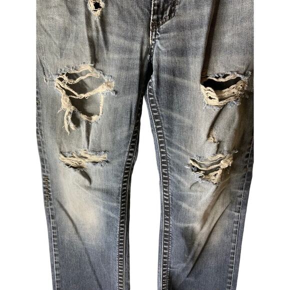 Affliction Cooper Buckle Denim Jeans 32R Distressed Dark Wash Stretch Blue - Picture 8 of 13